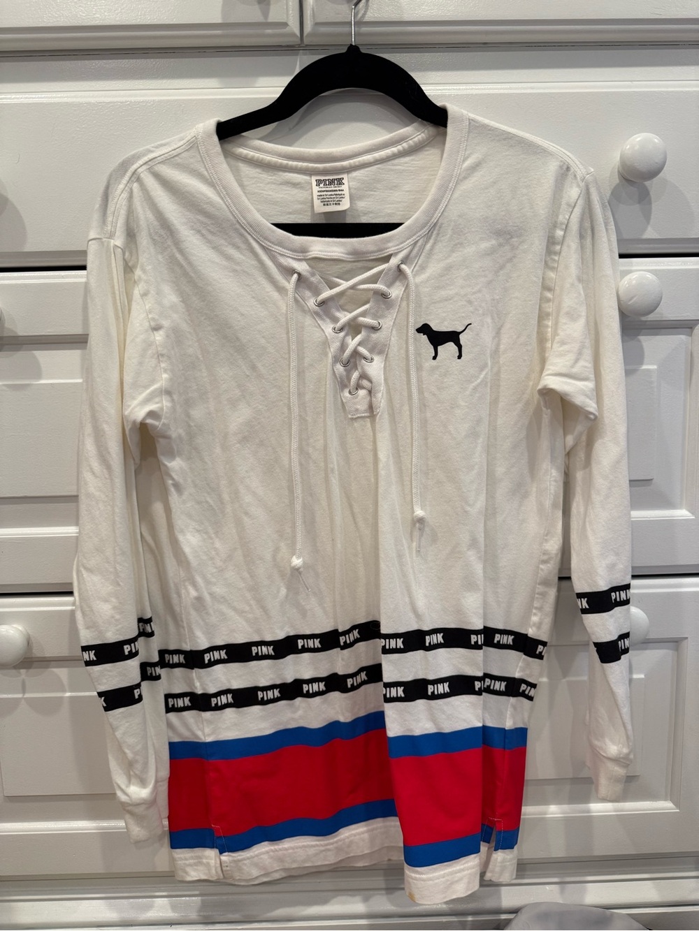 Vintage Y2K PINK Jersey style Lace-Up Long Sleeve Top with Stripes